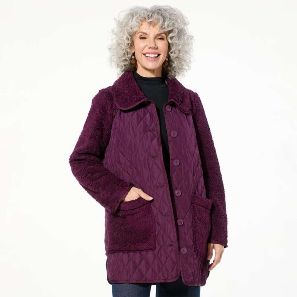 Nina Leonard Collared Sherpa Coat Plus Size 1X and Quilted Button Front Raisin - Picture 1 of 6
